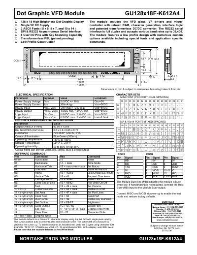 Noritake Itron GU128x18F-K612A4 Dot Graphic VFD Module User Manual - cover page