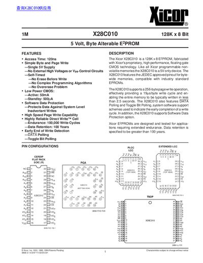 Xicor X28C010 128K x 8 Bit E2PROM Datasheet - cover page
