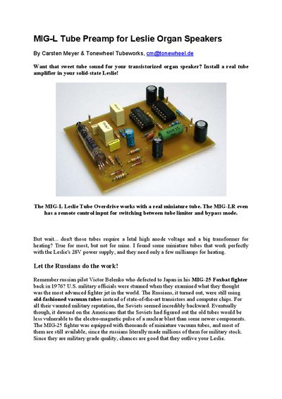 MIG-L Tube Preamp for Leslie Organ Speakers Installation Guide - cover page