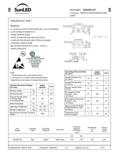 SunLED ZM2BB74W 2.1x0.6mm Right Angle Surface LED Datasheet - cover page