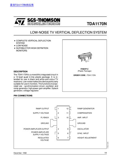 SGS-THOMSON TDA1170N Low-Noise TV Vertical Deflection System Datasheet - cover page