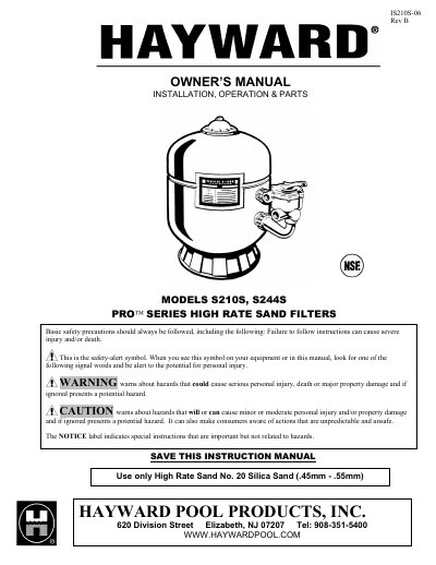 Hayward S210S/S244S Pro Series High Rate Sand Filters Installation Operation & Parts Manual