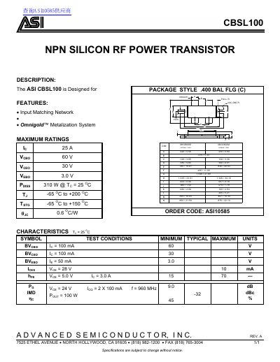 ASI CBSL100 NPN Silicon RF Power Transistor Datasheet - cover page