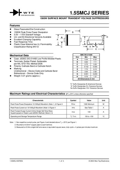 Won-Top Electronics 1.5SMCJ Series Product Handbook - cover page