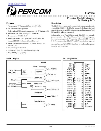 Pericom PI6C100 Precision Clock Synthesizer Datasheet