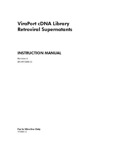 Stratagene ViraPort cDNA Library Retroviral Supernatants Instruction Manual - cover page