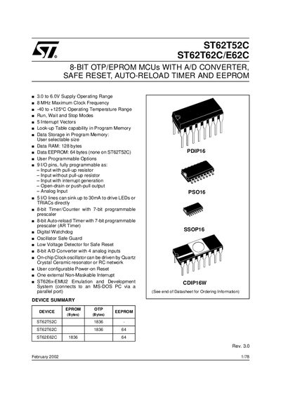 STMicroelectronics ST62T52C / ST62T62C/E62C Datasheet