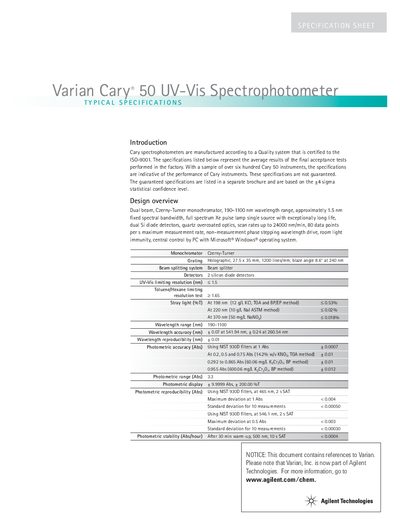 Agilent Cary 50 UV-Vis Spectrophotometer Typical Specifications - cover page