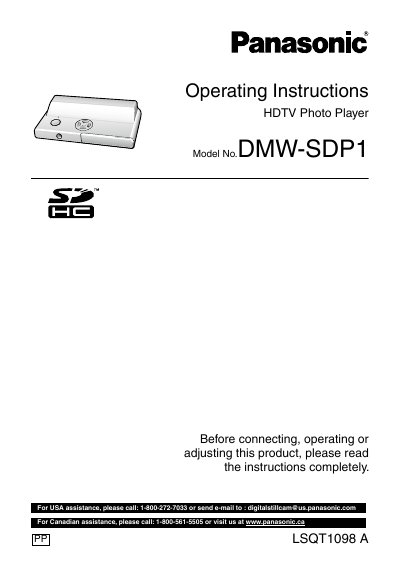 Panasonic DMW-SDP1 HDTV Photo Player Operating Instructions - cover page
