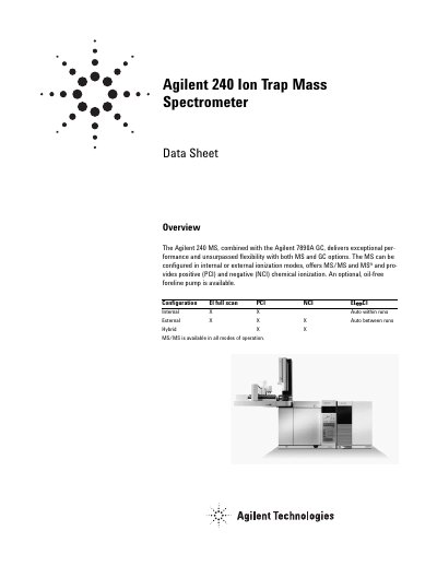Agilent 240 MS Ion Trap Mass Spectrometer Data Sheet - cover page