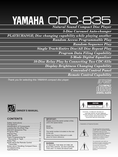 Yamaha CDC-835 Compact Disc Player Owner's Manual - cover page