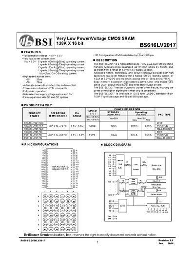 Brilliance Semiconductor BS616LV2017 SRAM Datasheet - cover page
