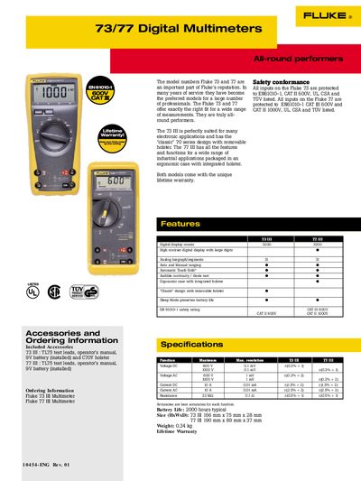 Fluke 73/77 Digital Multimeter Manual - cover page
