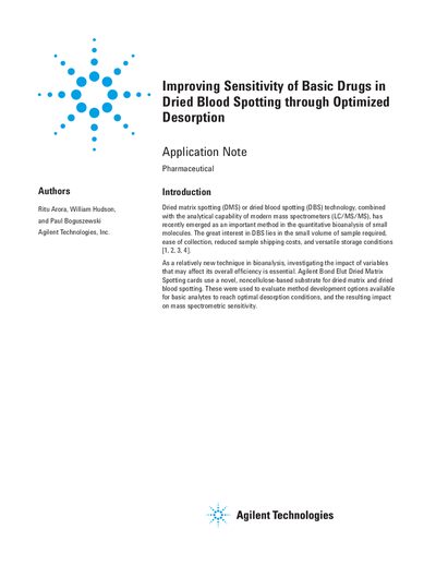 Agilent Improving Sensitivity of Basic Drugs in Dried Blood Spotting through Optimized Desorption Application Note - cover page