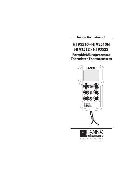 HI 93510 - HI 93510N HI 93512 - HI 93522 Portable Microprocessor Thermistor Thermometers Instruction Manual - cover page