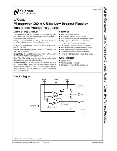 National Semiconductor LP2986 Voltage Regulator Datasheet - cover page