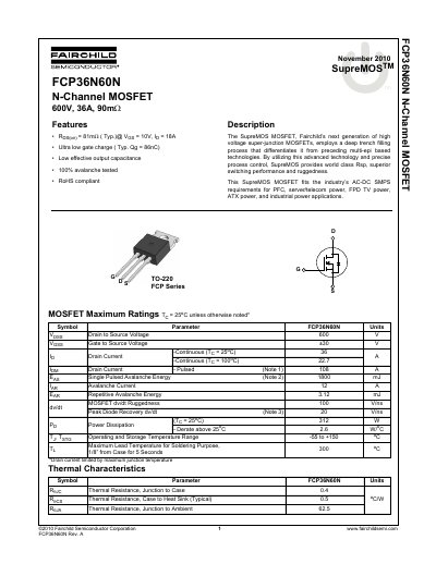Fairchild Semiconductor FCP36N60N N-Channel MOSFET Datasheet - cover page