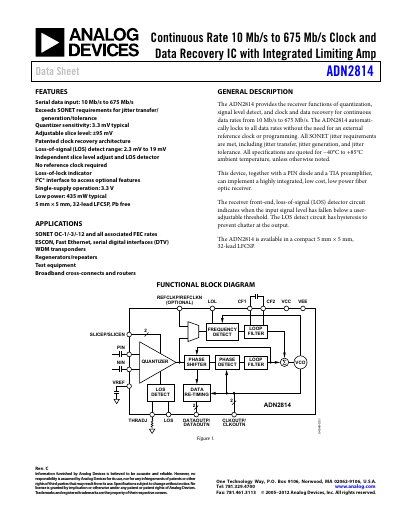 Analog Devices ADN2814 Clock and Data Recovery IC Datasheet - cover page