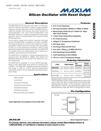 Maxim MAX7376 Silicon Oscillator with Reset Output Datasheet - cover page