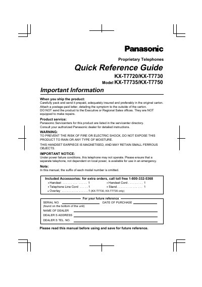 Panasonic KX-T7720/KX-T7730/KX-T7735/KX-T7750 Quick Reference Guide