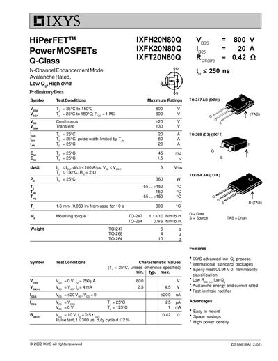 IXYS IXFH20N80Q Power MOSFET Datasheet - cover page