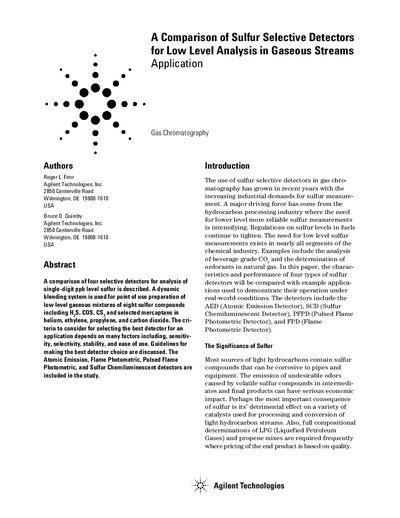 Comparison of Sulfur-Selective Detectors for Low-Level Analysis in Gaseous Streams Application Note - cover page