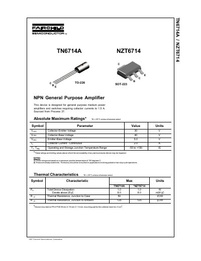 Fairchild TN6714A/NZT6714 NPN General Purpose Amplifier Datasheet - cover page