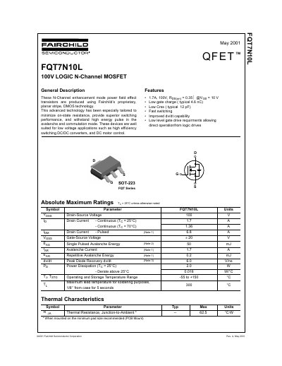 Fairchild FQT7N10L 100V Logic N-Channel MOSFET Datasheet