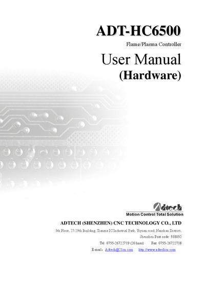 Adtech ADT-HC6500 Flame/Plasma/Fluid Controller User Manual - cover page