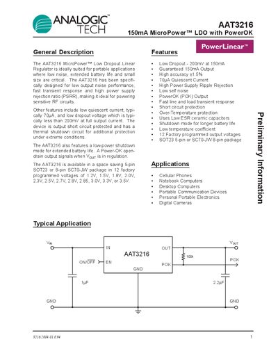 AnalogicTech AAT3216 150mA MicroPower LDO with PowerOK Datasheet - cover page