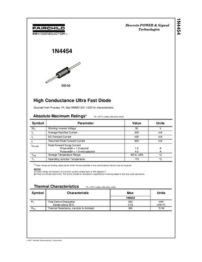 Fairchild 1N4454 Ultra Fast Diode Datasheet - cover page