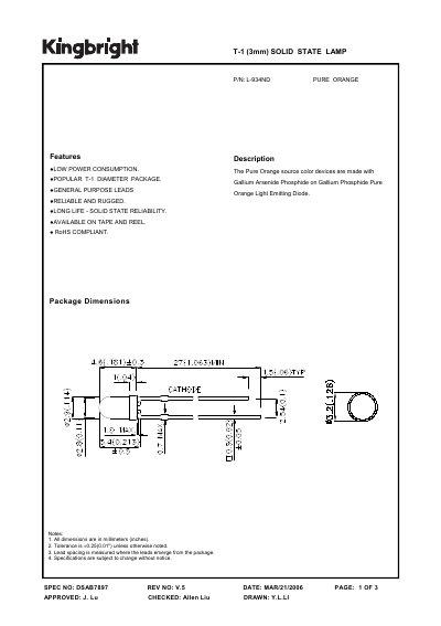 KINGBRIGHT - L-934ND PURE ORANGE T-1 (3mm) SOLID STATE LAMP Manual - cover page