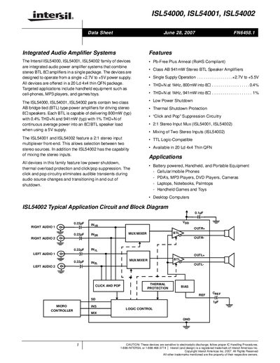 Intersil ISL54000/ISL54001/ISL54002 Audio Amplifier Datasheet - cover page