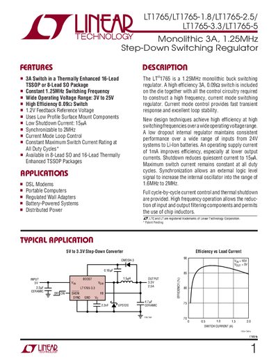 LINEAR TECHNOLOGY LT1765/LT1765-1.8/LT1765-2.5/ LT1765-3.3/LT1765-5 Manual - cover page