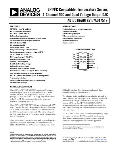 Analog Devices ADT7516/ADT7517/ADT7519 SPI/I2C Temperature Sensor, 4‑Channel ADC & Quad DAC Datasheet