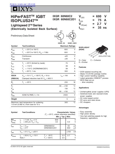 IXYS HiPerFAST IGBT ISOPLUS247 Lightspeed 2 Series (Electrically Isolated Back Surface) IXGR 60N60C2 IXGR 60N60C2D1 handbook - cover page