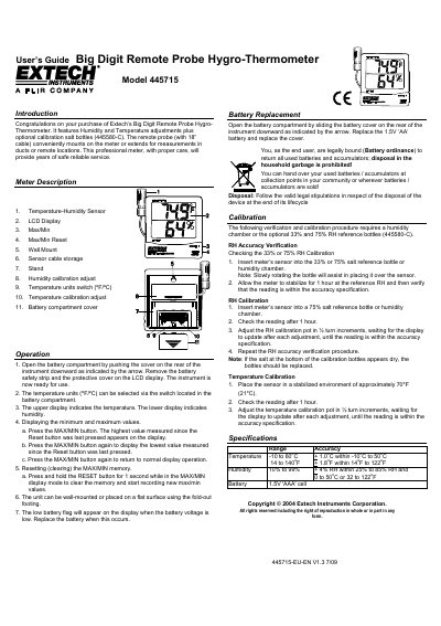 Extech 445715 Big Digit Remote Probe Hygro-Thermometer User's Guide - cover page