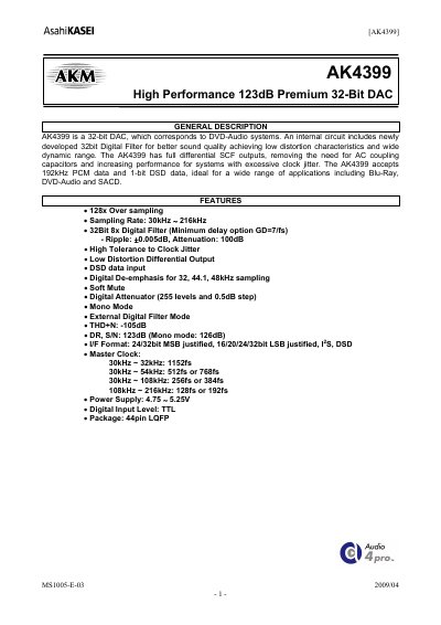 Asahi Kasei AK4399 32‑Bit DAC Datasheet
