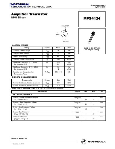 Motorola MPS4124 NPN Transistor Datasheet - cover page