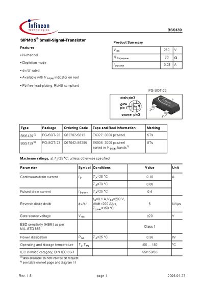 Infineon BSS139 Datasheet - cover page