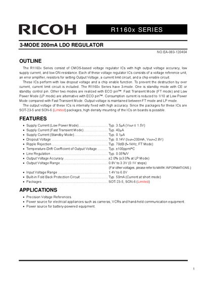 Ricoh R1160x Series 3-Mode 200mA LDO Regulator Datasheet - cover page