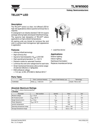 Vishay TLWW9900 LED Datasheet - cover page