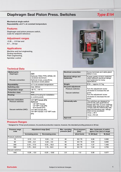 Barksdale E1H Membrane Piston Pressure Switch Datasheet - cover page