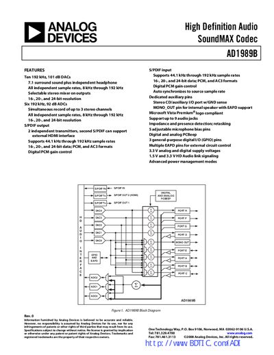 Analog Devices AD1989B Audio Codec Datasheet - cover page