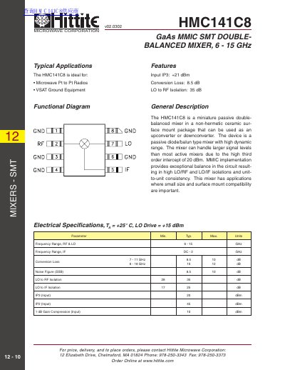 Hittite HMC141C8 GaAs MMIC SMT Double-Balanced Mixer Datasheet - cover page