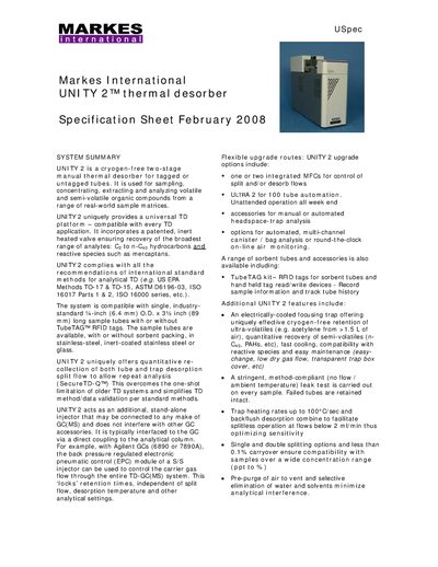Markes UNITY 2 Thermal Desorber Specification Sheet - cover page
