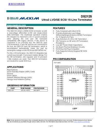 Dallas Semiconductor DS2125 Ultra3 LVD/SE SCSI Terminator Datasheet - cover page