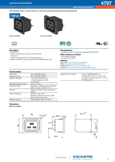 SCHURTER IEC appliace outlet J snap-in/screw-on mounting front side solder/quick connect terminal 4794 - cover page