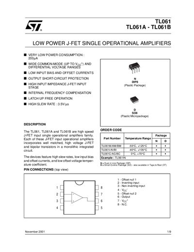 ST TL061/TL061A/TL061B Operational Amplifier Datasheet - cover page