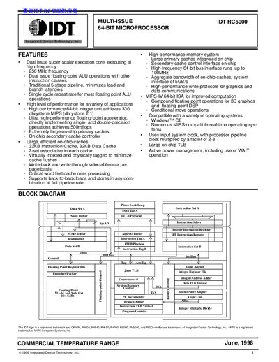 IDT RC5000 64-Bit Microprocessor Datasheet - cover page
